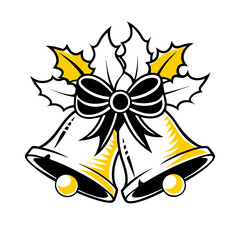 Illustration of two yellow and white Christmas bells with a black bow and holly leaves