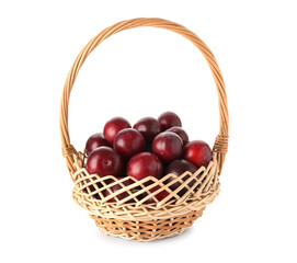 Fresh ripe plums in wicker basket isolated on white