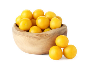 Fresh ripe yellow plums in bowl isolated on white
