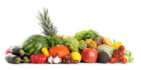 Different fresh fruits and vegetables isolated on white