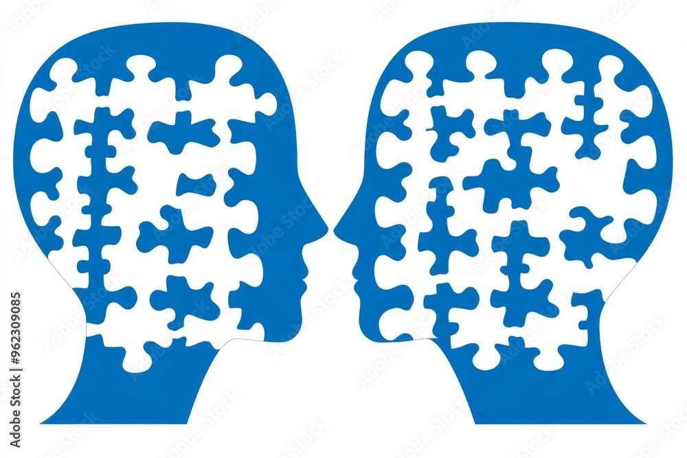 Poster mutual understanding neuroethics blue puzzle piece heads facing each other symbolizing the complemen