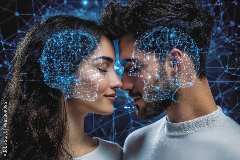 Poster interpersonal neural dynamic neuroethics portrait of a couple with digital brain overlays capturing 