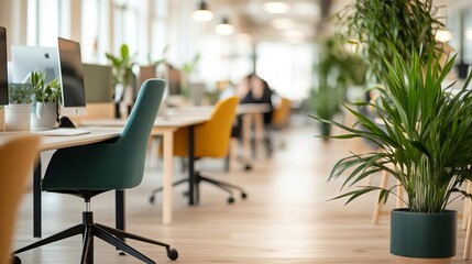 Bright co-working space with natural light, open desks, and a welcoming atmosphere, promoting health and productivity