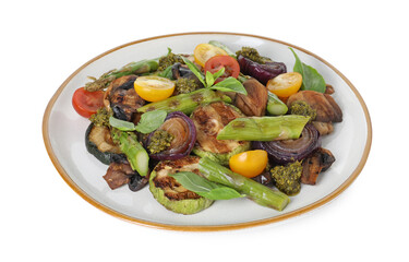 Delicious salad with grilled vegetables isolated on white