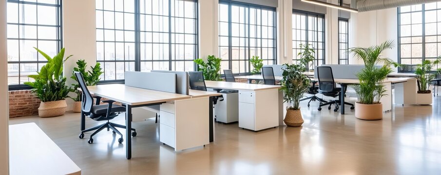 Bright co-working space with natural elements, ergonomic furniture, and ample natural light, fostering productivity