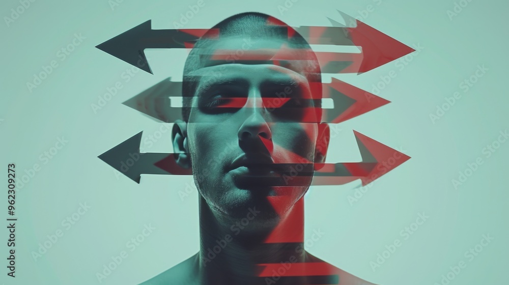 Poster a close-up portrait of a man with a series of red arrows overlaid on his face, creating a dynamic an