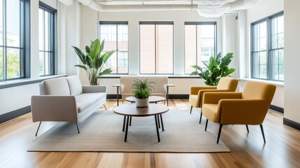 Bright co-working space with natural elements, ergonomic furniture, and ample natural light, fostering productivity