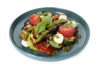 Delicious salad with grilled vegetables isolated on white