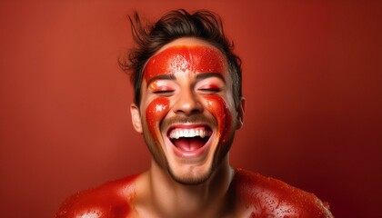 Joyful Man, Ketchup-Covered Face, Red Background Studio Shot