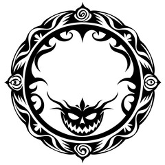 Black and white tribal tattoo design featuring a circular pattern with a bat-like creature in the center