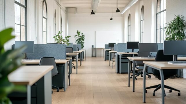 Bright co-working space with natural light, open desks, and a welcoming atmosphere, promoting health and productivity
