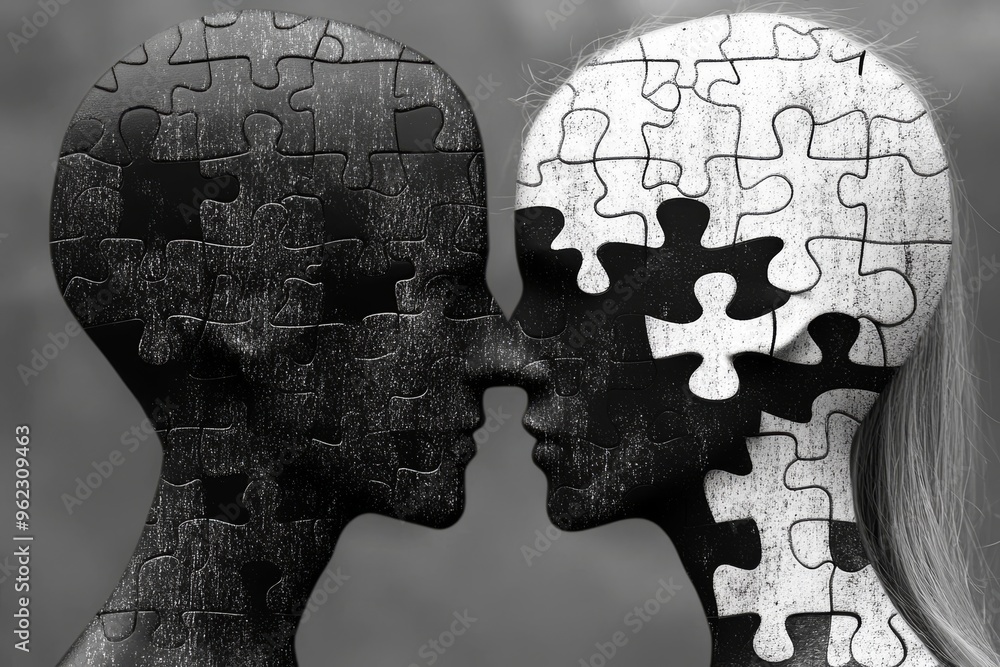Poster empathic attunement neuroethics monochromatic puzzle heads merging representing the blending of pers
