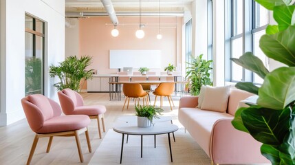 Fototapeta premium Bright, open co-working space with natural light, comfortable seating, and greenery, creating a refreshing work environment