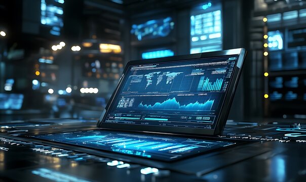 Laptop with Global Data and Charts in a Futuristic Control Room