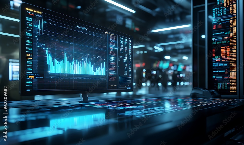 Poster computer monitor displaying financial data in a dark room