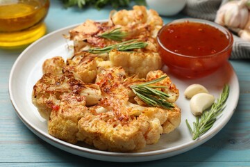 Delicious baked cauliflower steaks with sauce on blue wooden table, closeup