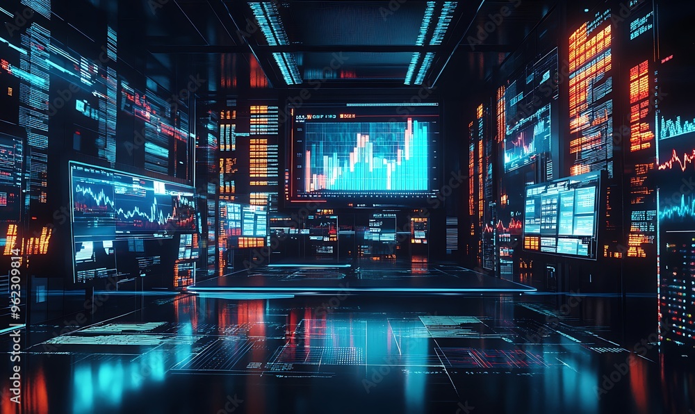 Aufkleber a futuristic data center interior with glowing screens displaying charts and graphs