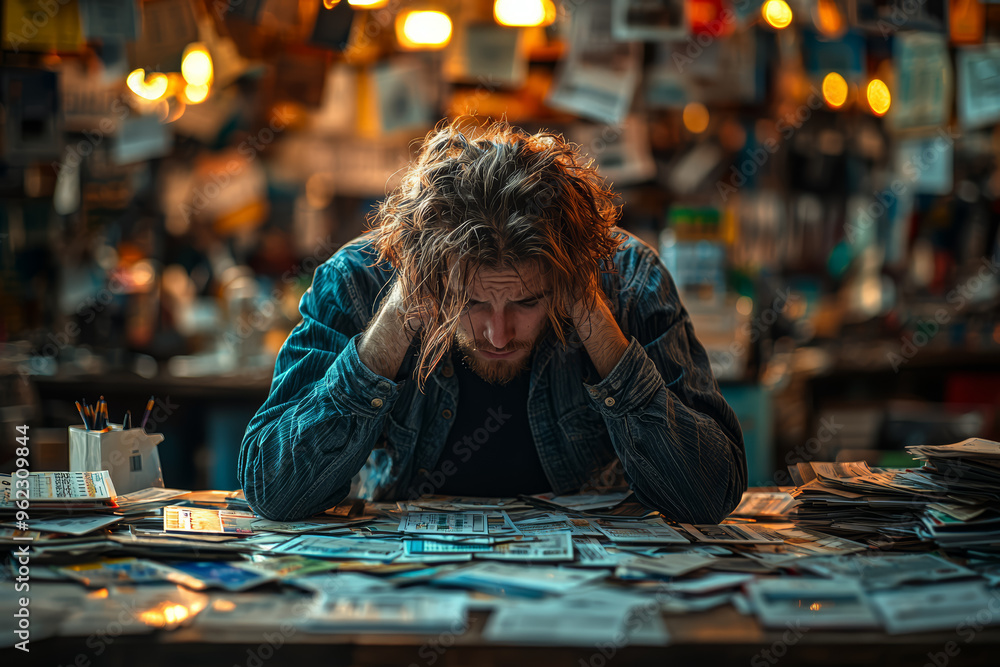 Poster a person struggling with multiple loan applications and credit reports, demonstrating the challenges