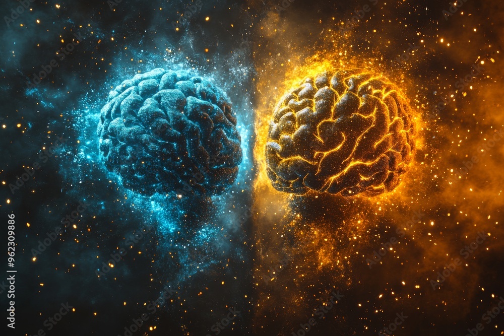 Poster group intelligence neuroethics dual brains glowing in a cosmic environment representing the expansiv