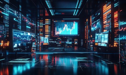 A Futuristic Data Center Interior with Glowing Screens Displaying Charts and Graphs