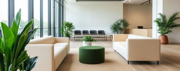 Bright, open co-working space with natural light, comfortable seating, and greenery, creating a refreshing work environment