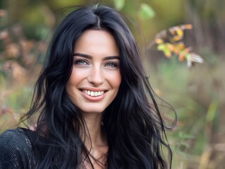 Fototapeta premium Happy young woman with long black hair smiling at camera