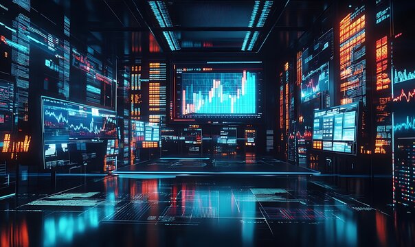 A Futuristic Data Center Interior with Glowing Screens Displaying Charts and Graphs