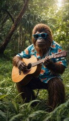 Bigfoot dressed in a Hawaiian shirt and sunglasses, strumming a ukulele, with space available for text or design.