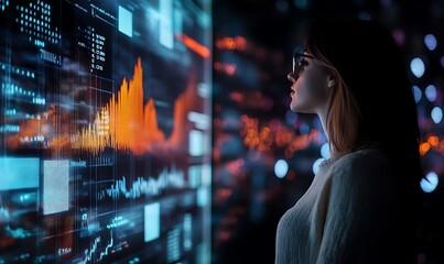 Woman Observing Data Visualizations on a Large Digital Screen