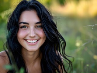 Naklejka premium Happy young woman with long black hair smiling at camera