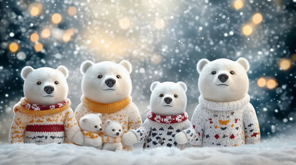 A charming scene of a family of white bears dressed in cozy winter sweaters with a snowy background and glowing holiday lights