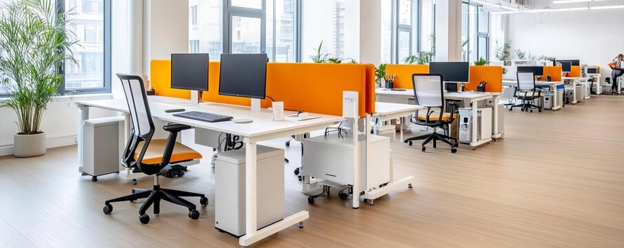 Co-working area with adjustable desks, ergonomic chairs, and acoustic panels, ensuring comfort and minimizing distractions