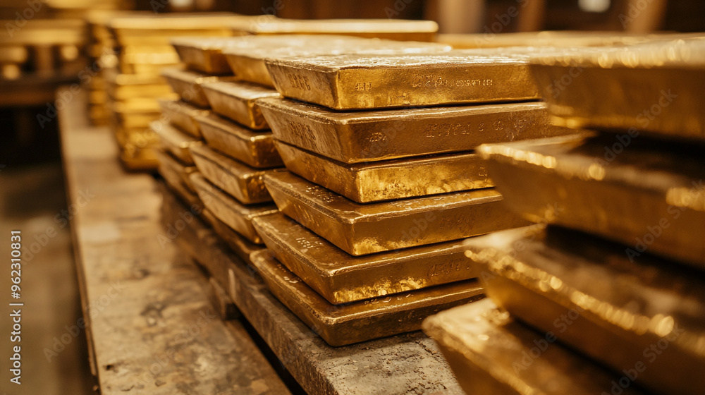 Poster stacks of gleaming gold bars in a secure vault showcasing wealth and prosperity in a financial insti