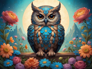 an owl sitting on top of a bed of flowers