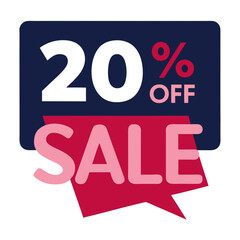 a promotional graphic featuring a sale announcement. It has a dark blue rectangular background with the text "20% OFF" in white and pink