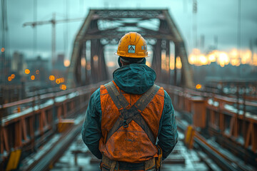 Fototapeta premium A construction worker overseeing the building of a new bridge, showcasing infrastructure enhancement and engineering progress. Concept of civil engineering and public works.