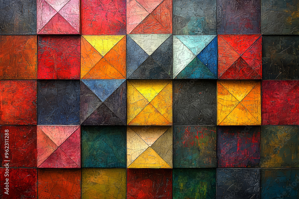 Poster a colorful pattern of rotated squares forming a quilt-like design, showcasing symmetry and rotationa