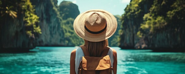 Tourist in a straw hat enjoys the stunning turquoise water and limestone cliffs of a tropical lagoon