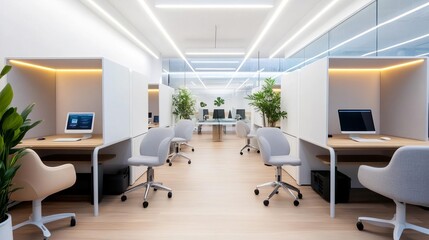 Co-working area with private booths, communal tables, and ergonomic furniture, balancing privacy and collaboration