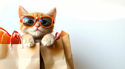 Cat in sunglasses with a paper bag.. A cat in sunglasses atop shopping bags