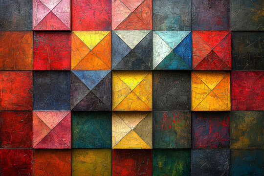 A colorful pattern of rotated squares forming a quilt-like design, showcasing symmetry and rotational geometry. Concept of rotational symmetry and geometric design.