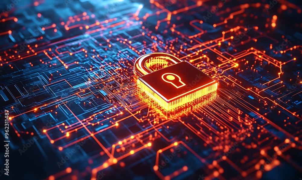 Poster glowing padlock on a circuit board representing cybersecurity