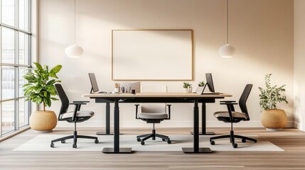 Co-working area with standing desks, adjustable chairs, and a mix of individual and group work zones, promoting flexibility