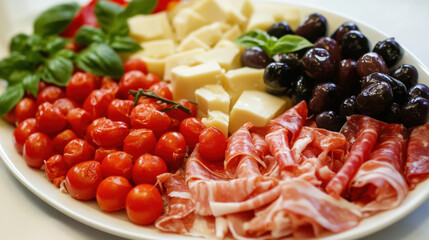 A white plate with a variety of meats and vegetables, including tomatoes, cheese