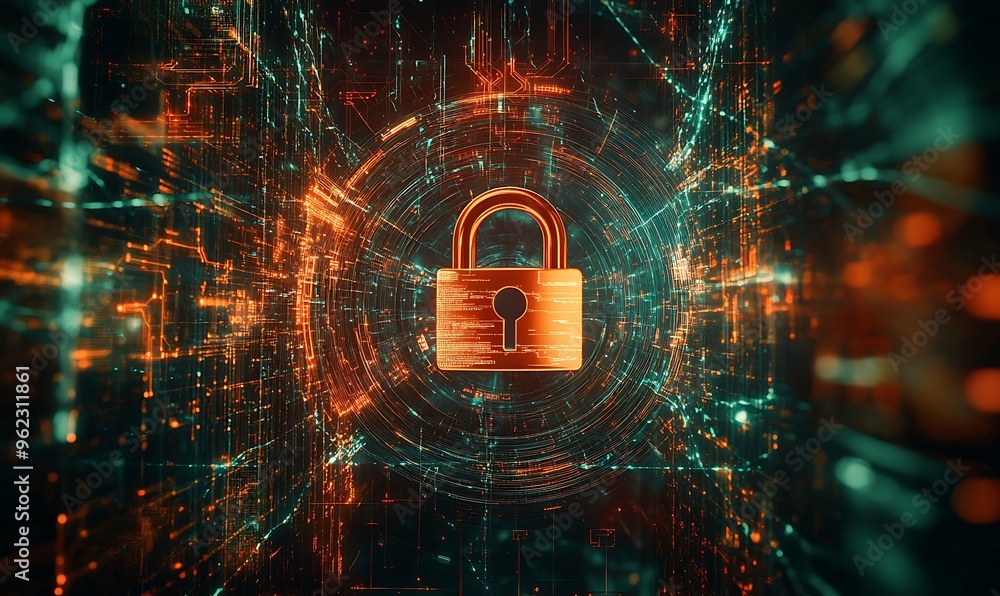 Poster digital lock symbol in a network of glowing lines