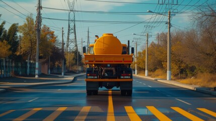 Obraz premium A yellow tanker truck drives down an empty urban road, framed by power lines and autumn trees. The warm sunlight casts long shadows, emphasizing the serene yet industrial atmosphere of the scene.