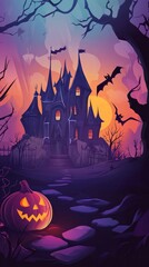Halloween Night Background Image With Spooky Castle And Pumpkins. Banner, Halloween Celebration Greeting Card, Halloween Party Poster