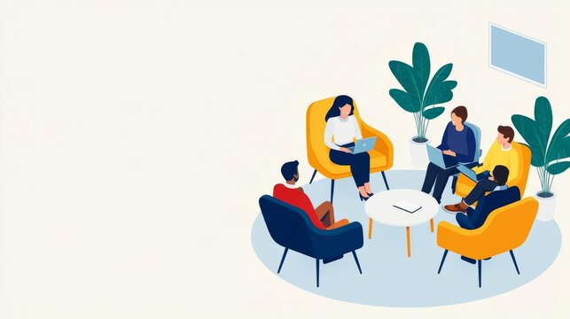 Co-working environment with diverse groups engaging in meetings, brainstorming sessions, and creative projects