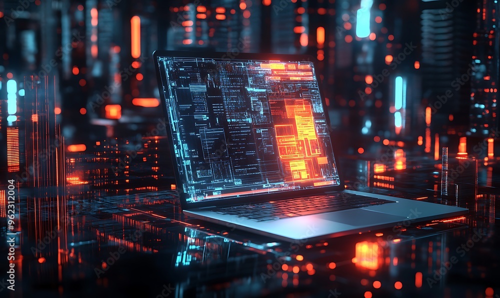 Poster laptop with glowing code display in a cyberpunk cityscape