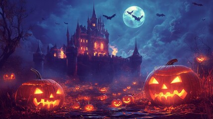 Halloween Night Background Image With Spooky Castle And Pumpkins. Banner, Halloween Celebration Greeting Card, Halloween Party Poster